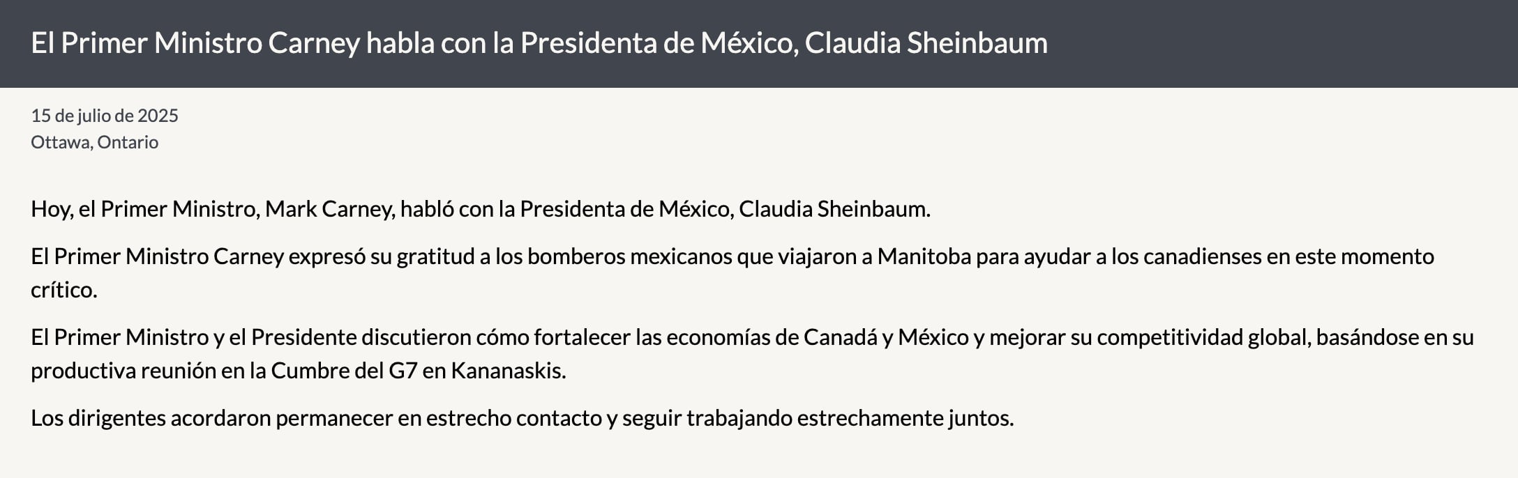 Claudia Sheinbaum y Mark Carney sostuvieron importante llamada; estos fueron los temas
