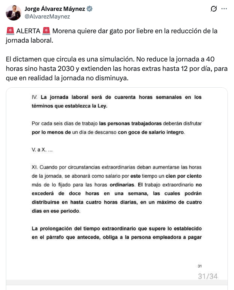 Álvarez Máynez critica dictamen de reforma de 40 horas