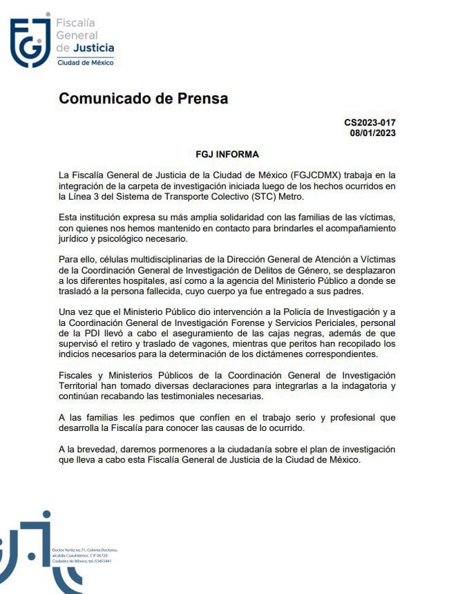 Fiscalía de CDMX integra carpeta de investigación tras choque de trenes en la Linea 3