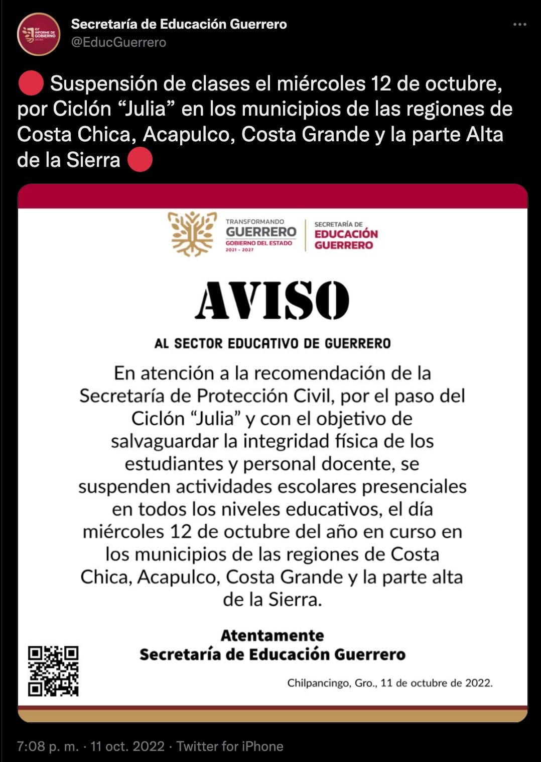 Huracán Julia: Guerrero suspende clases para el miércoles 12 de octubre