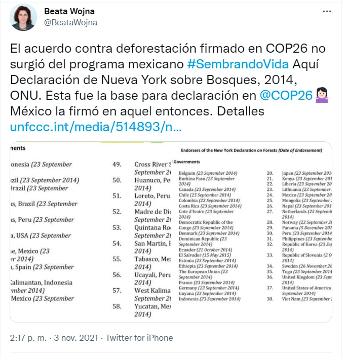Sembrando Vida no inspiró a la COP26/Twitter: @BeataWojna