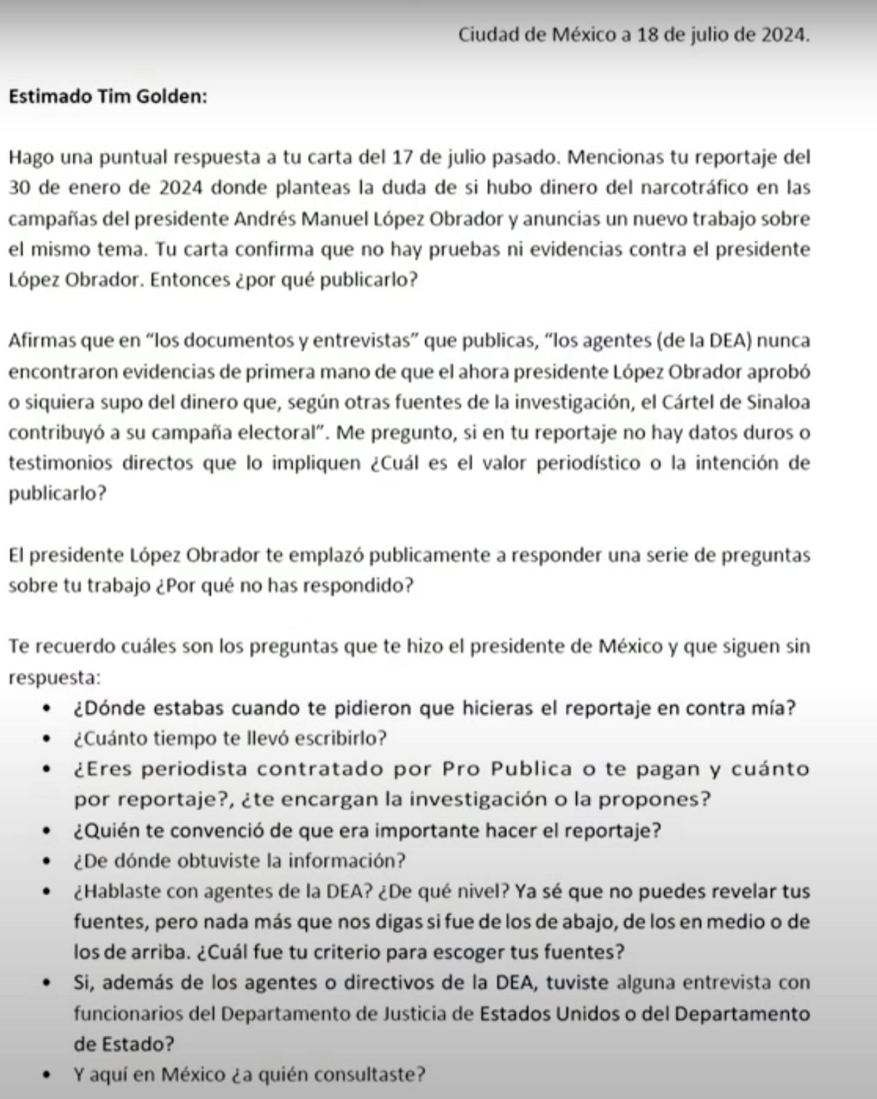 Respuesta de Jesús Ramírez Cuevas a Tim Golden