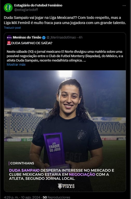 Medios de Brasil no les gusta la idea de que Sampaio llegue a la Liga MX Femenil.
