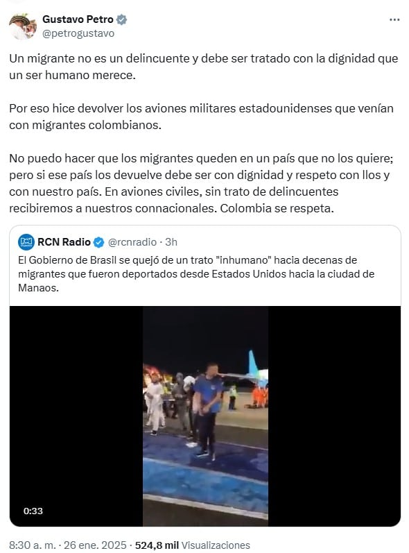 Gustavo Petro, regresa aviones de colombianos deportados de Estados Unidos