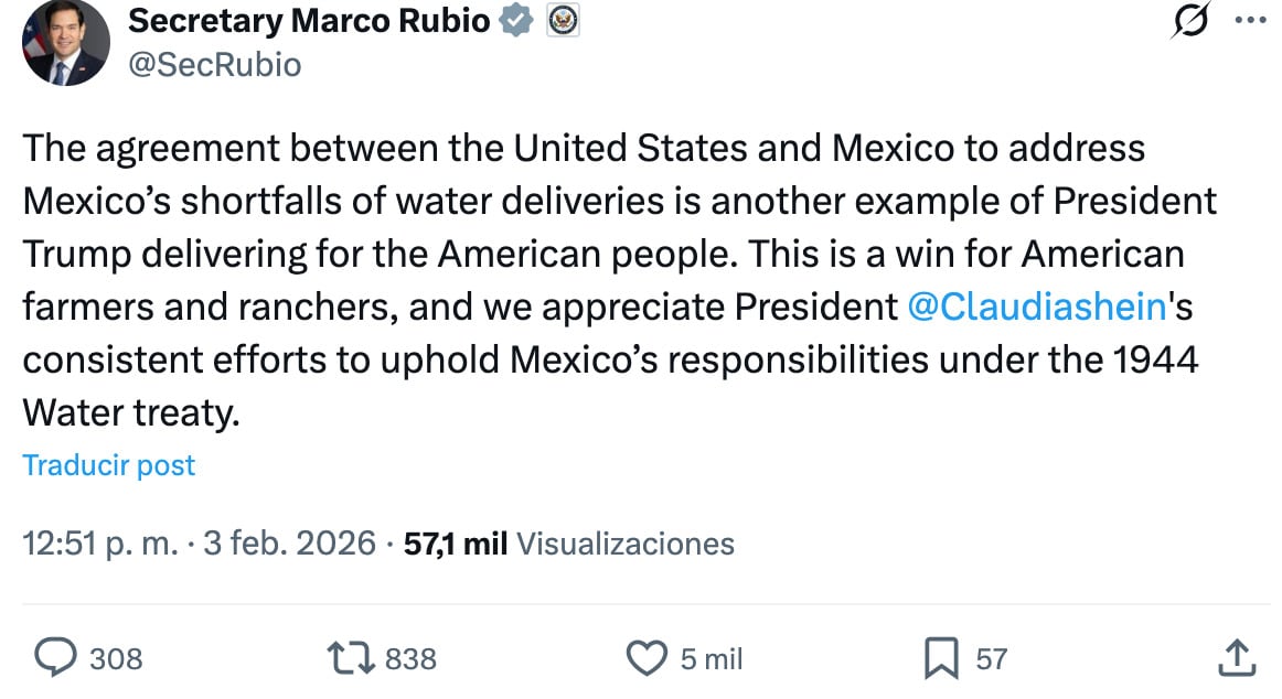 Marco Rubio reacciona al acuerdo del Tratado de Aguas 1944