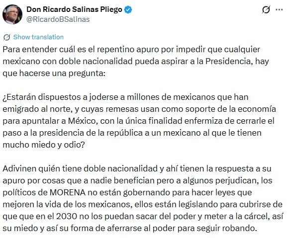Salinas Pliego admite tener doble nacionalidad y dice que Morena impulsa reforma por temor a él