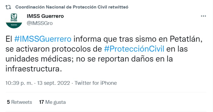 IMSS en Guerrero activa protocolo por sismo de hoy en Petatlán