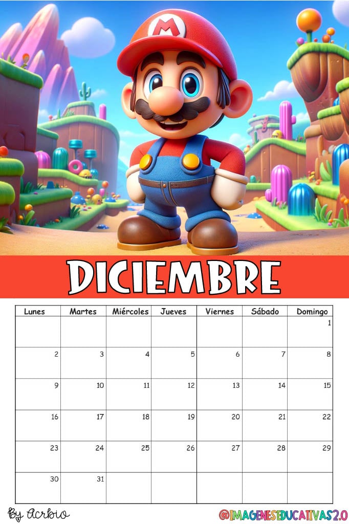 Calendario de Mario Bros 2024: Plantilla para editar e imprimir
