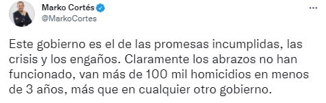 Tuit de Marko Cortés, líder del PAN