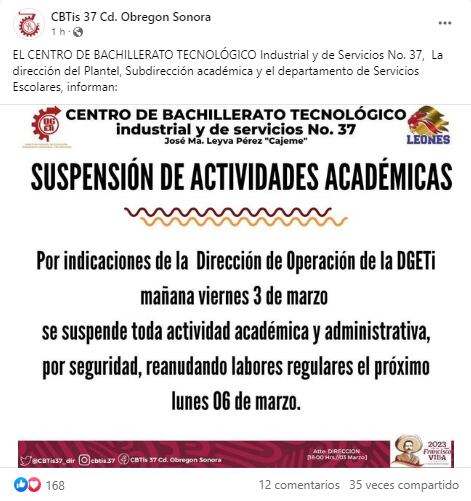 CBTis 37 suspende clases el día de mañana