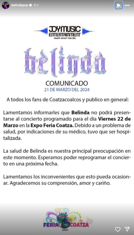 Belinda cancela concierto en Veracruz