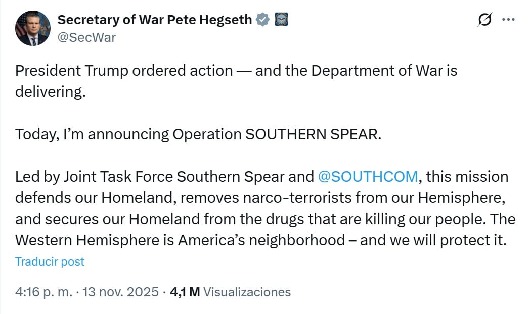 Pete Hegseth anuncia Lanza del Sur, operativo militar