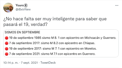 Twittero predice el sismo del 7 septiembre 2021.