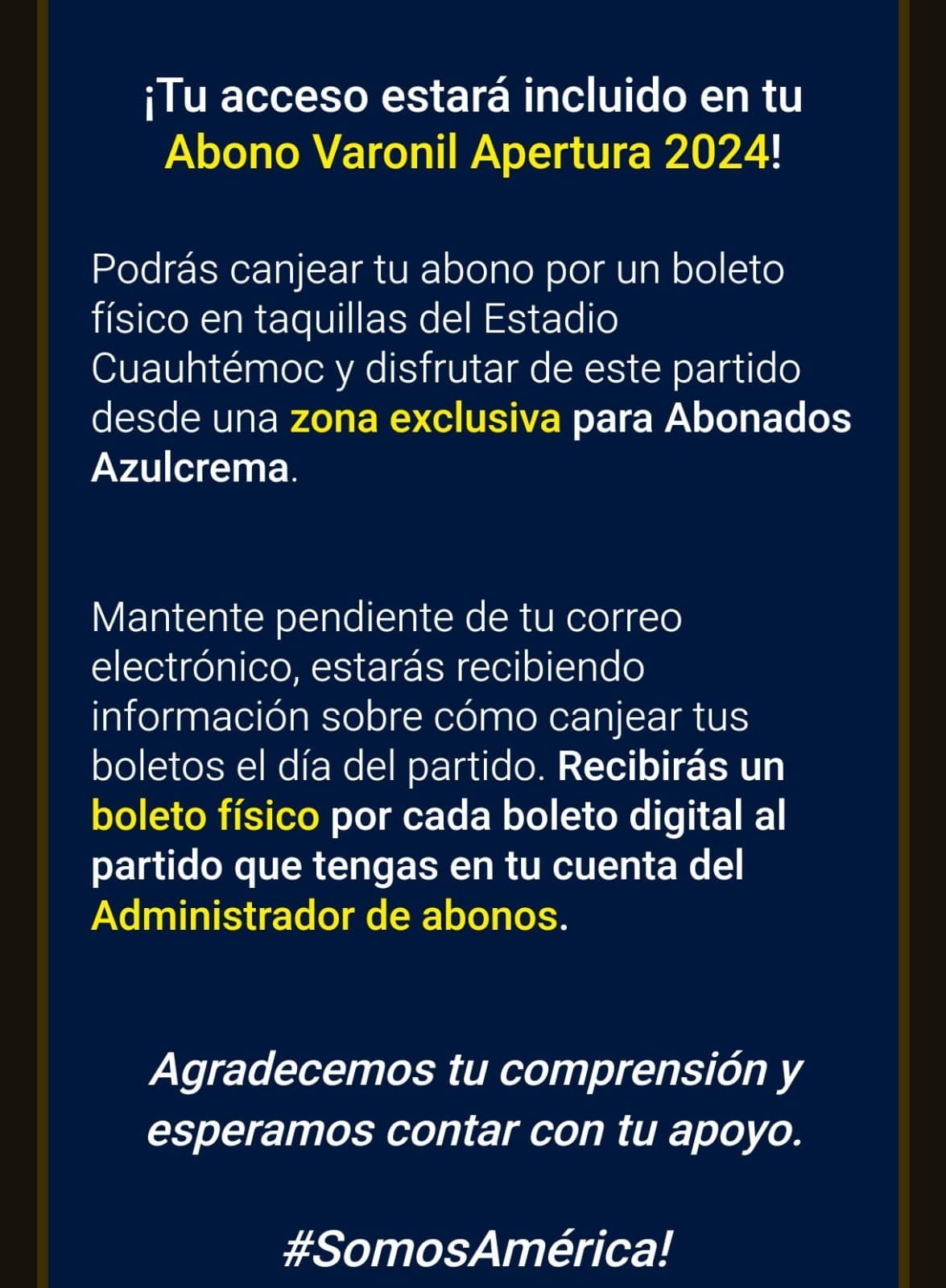 Información del Club América para sus abonados