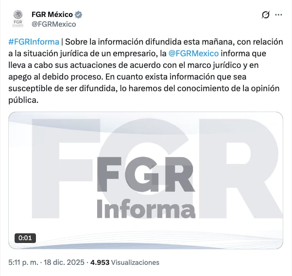 FGR defiende nueva orden de aprehensión contra Raúl Rocha Cantú