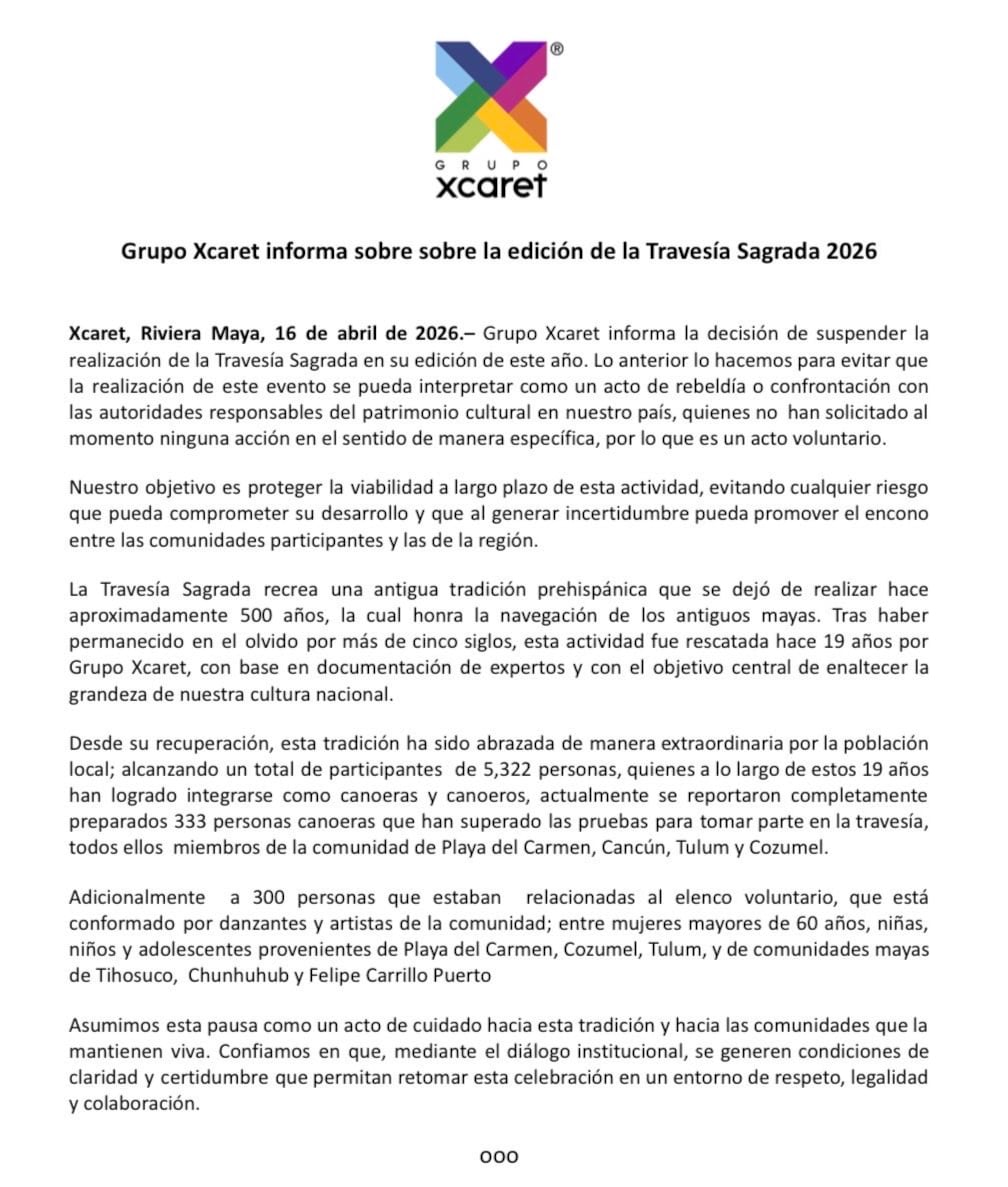Grupo Xcaret anuncia la suspensión temporal de la Travesía Sagrada Maya