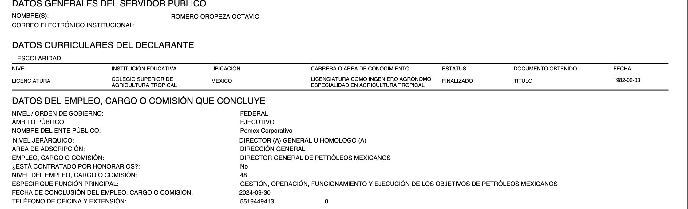Última declaración patrimonial pública de Octavio Romero Oropeza