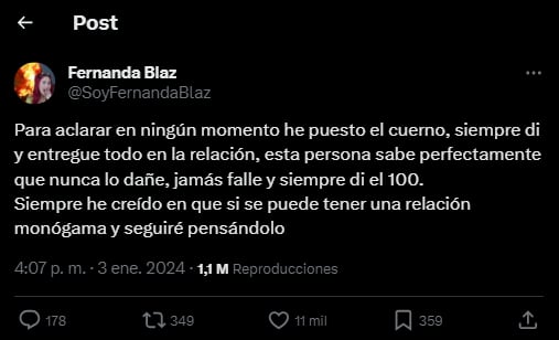 Fernanda Blaz se defiende y dice que nunca le fue infiel a Werevertumorro