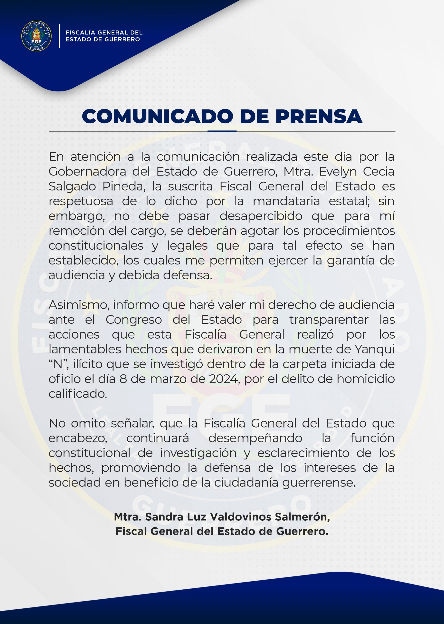 Fiscal de Guerrero se opone a salir por la puerta de atrás; esto advirtió a Evelyn Salgado