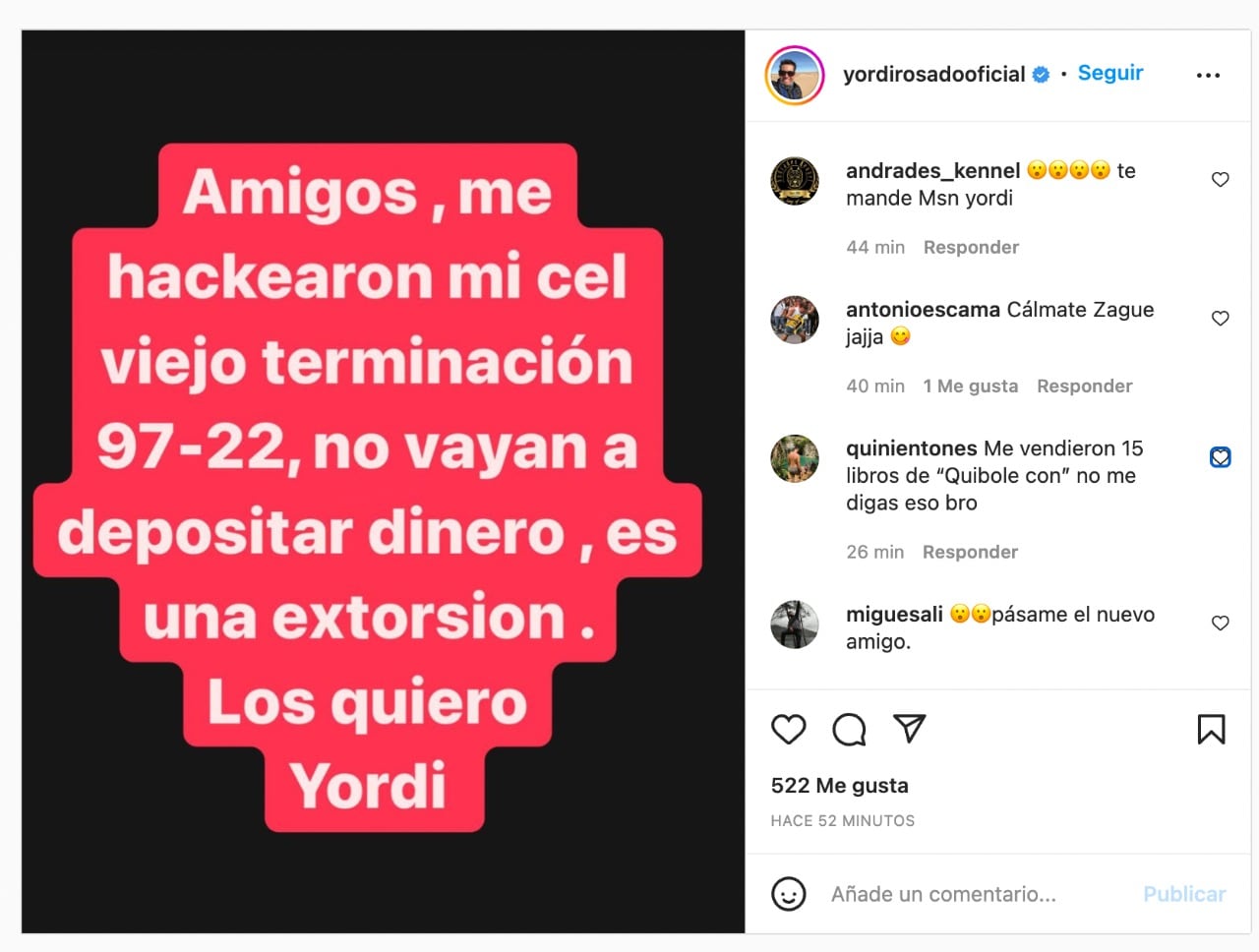 Yordi Rosado advierte que le hackearon el celular: “No vayan a depositar dinero”