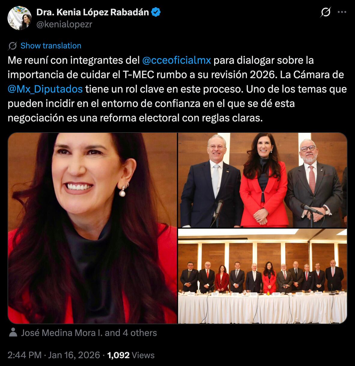 Kenia López Rabadán se reúne con el CCE de cara a la negociación del T-MEC
