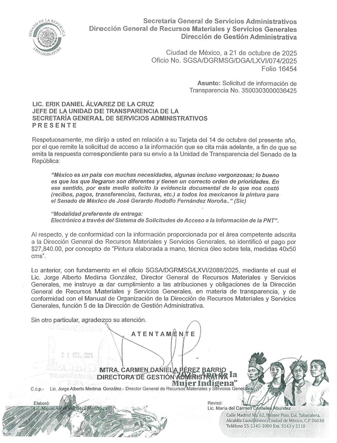 El Senado revela que el retrato oficial de Gerardo Fernández Noroña costó 27 mil 840 pesos; se trata de una pintura al óleo sobre tela hecha a mano.