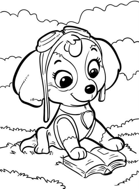 Skye leyendo de Paw Patrol por el Día del Perro para colorear