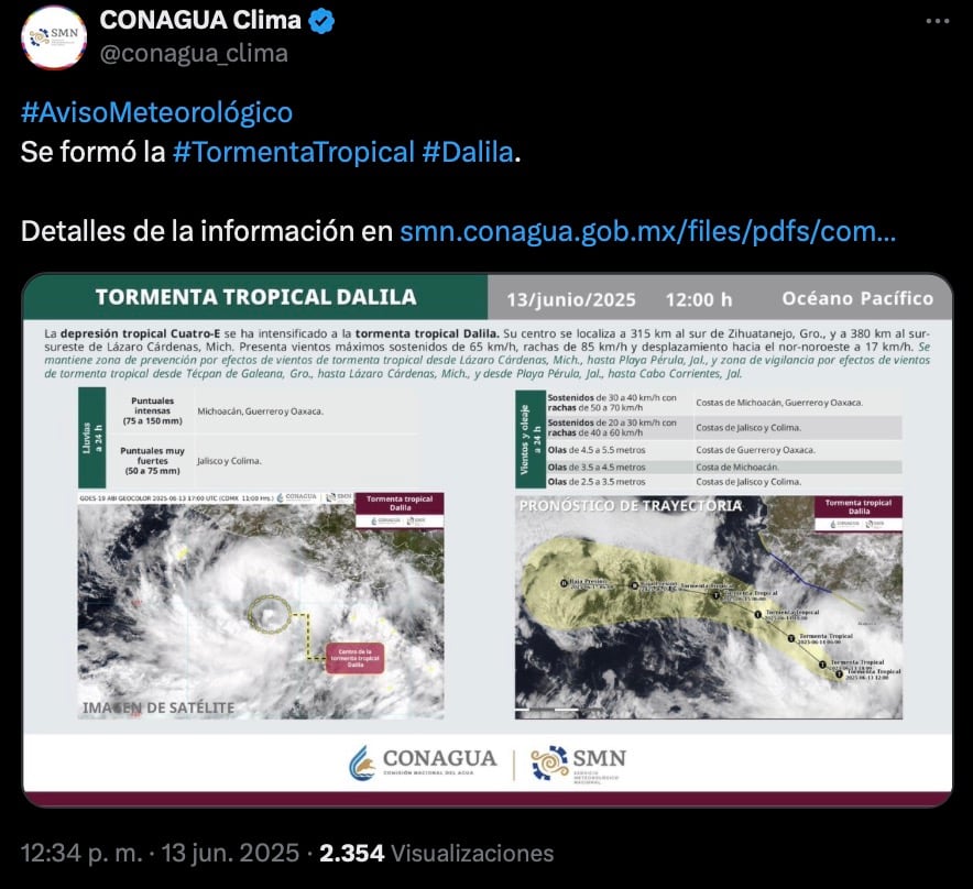 Conagua confirma formación de la tormenta tropical Dalila