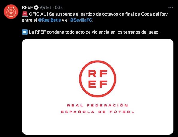 La RFEF informó que el Derbi de Sevilla quedó oficialmente suspendido.