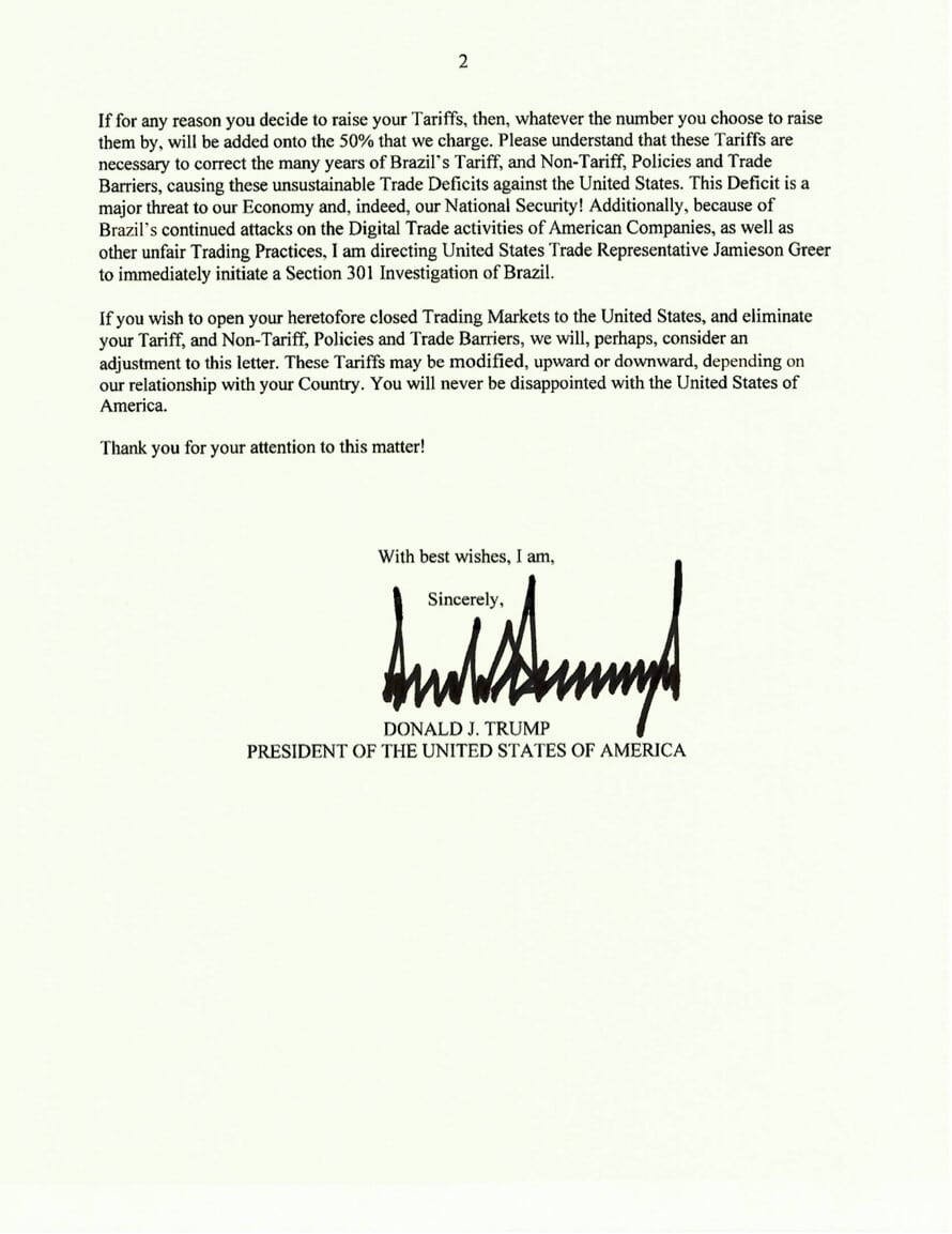 Carta de Donald Trump al presidente de Brasil