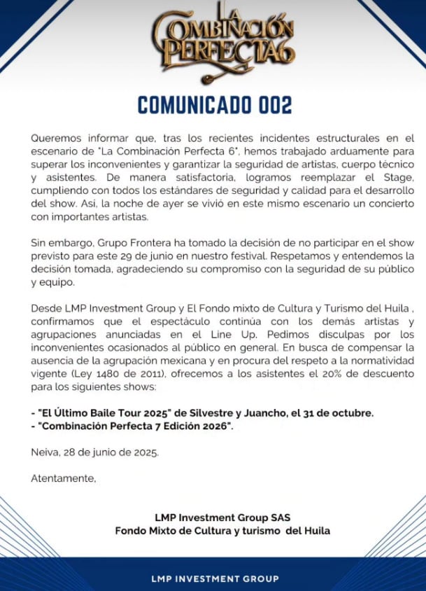 Grupo Frontera cancela su participación en La Combinación Perfecta 6
