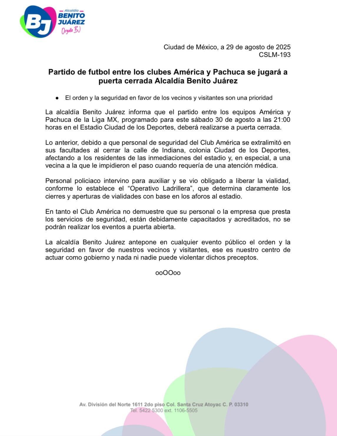 Comunicado Alcaldía Benito Juárez: América vs. Pachuca se jugará a puerta cerrada