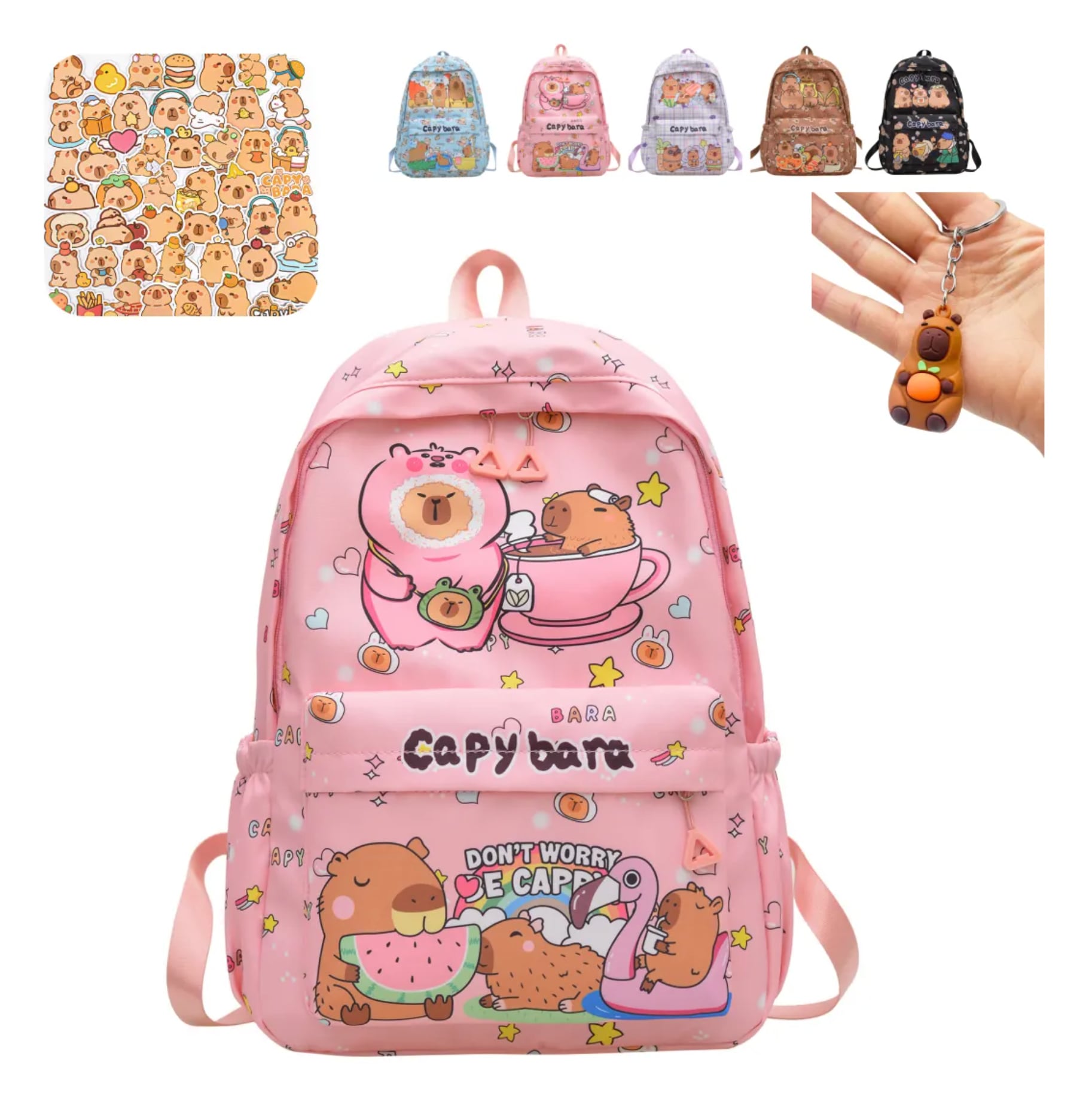 Mochila Capibara, Mochila De Carpincho Kawaii, Linda Mochila Multifuncional De Gran Capacidad+llavero+50 Pegatina, escolares De Capibara Sin Desliz Rosa