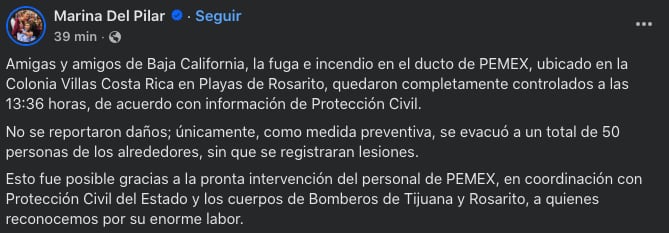 Marina del Pilar reporta extinción del incendio en ducto de Pemex en Playas de Rosarito