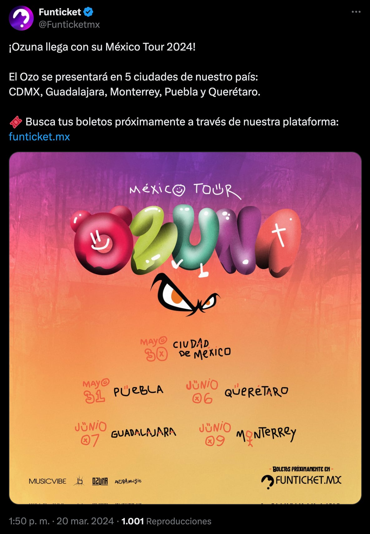 Ozuna dará 5 conciertos en México