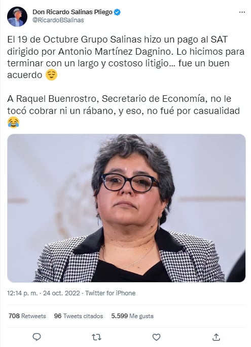 Ricardo Salinas Pliego esperó para pagarle al SAT hasta que saliera Raquel Buenrostro