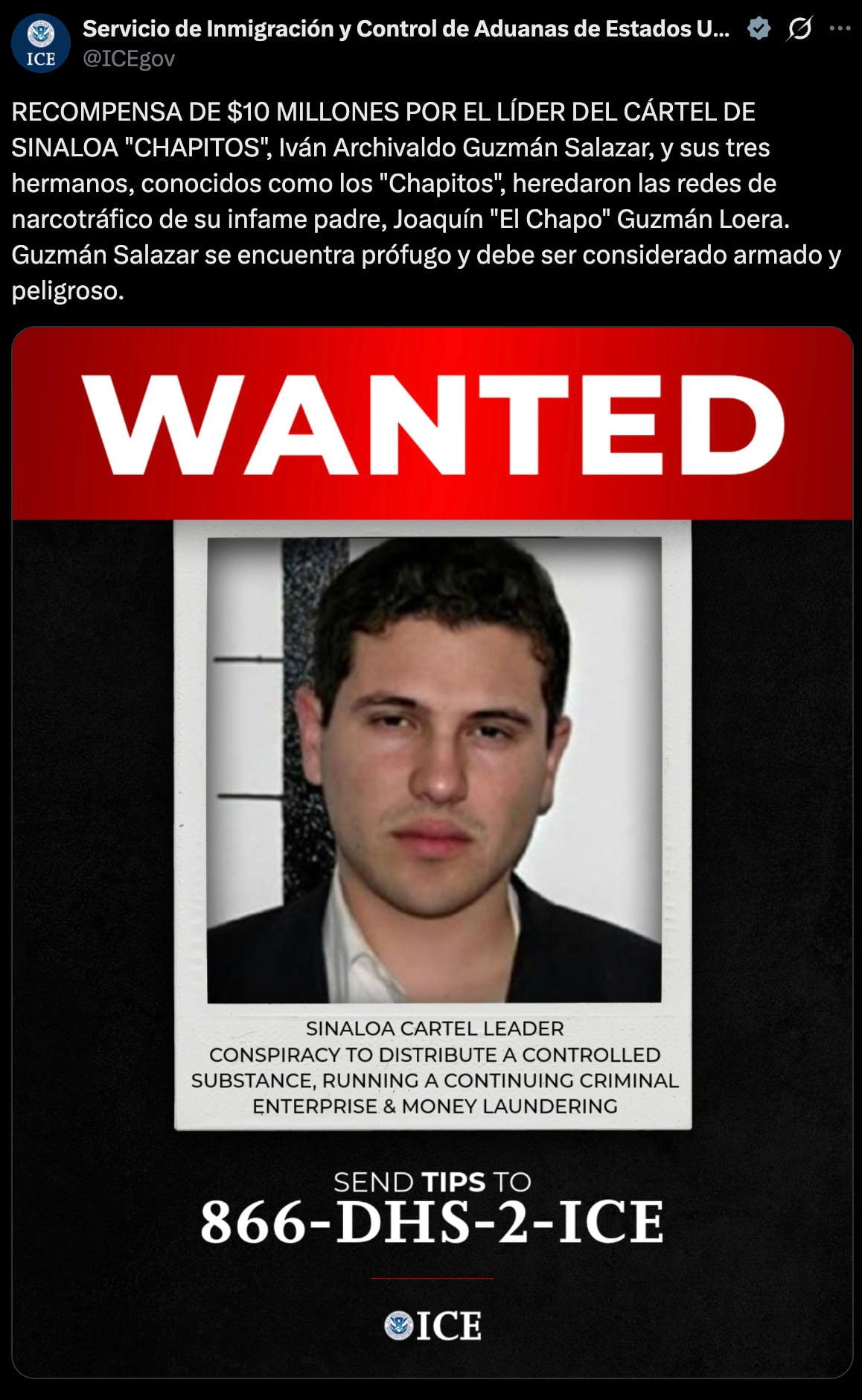 Recompensa de ICE eleva presión sobre Iván Archivaldo Guzmán Salazar