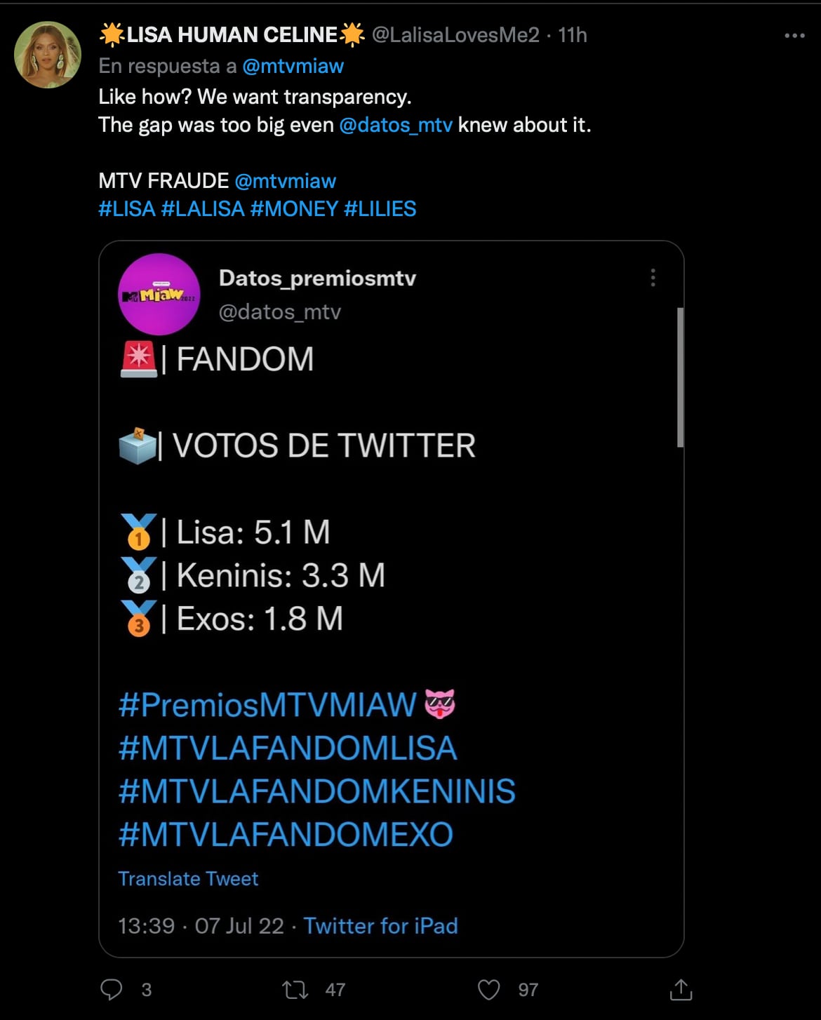 MTV Miaw 2022: Fans de Lisa de Blackpink acusan fraude a favor de Kenia Os
