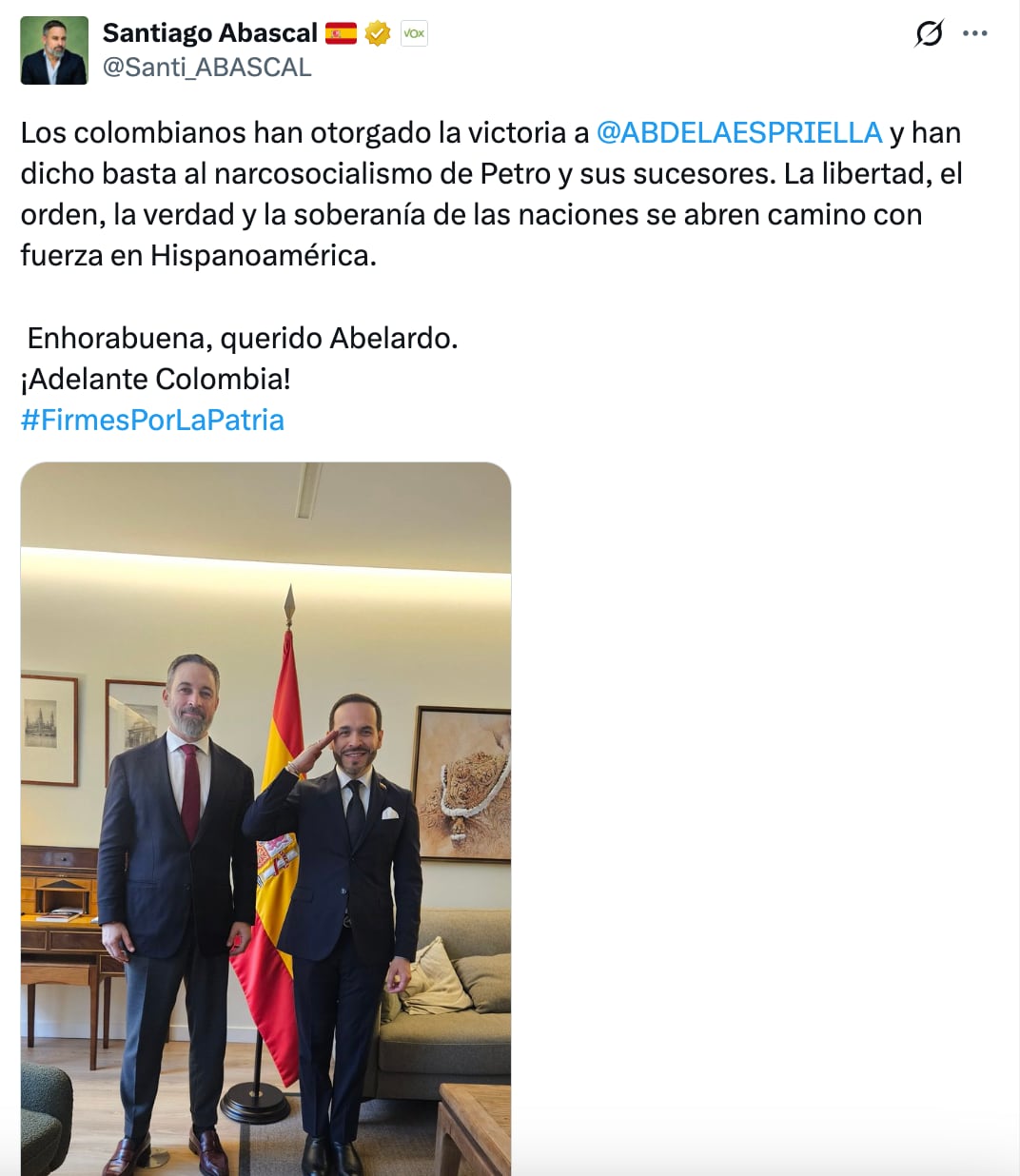 Líderes mundiales felicitan a Abelardo de la Espirella, presidente electo de Colombia