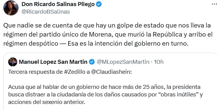 Ricardo Salinas Pliego reaccionó al pleito entre Ernesto Zedillo y Claudia Sheinbaum