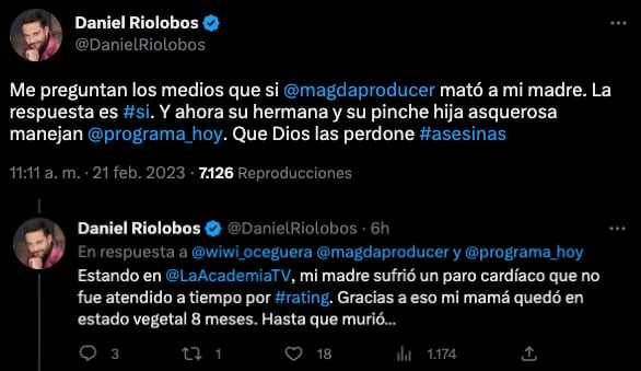 Daniel Riolobos acusa a Magda Rodríguez de "matar a su mamá"
