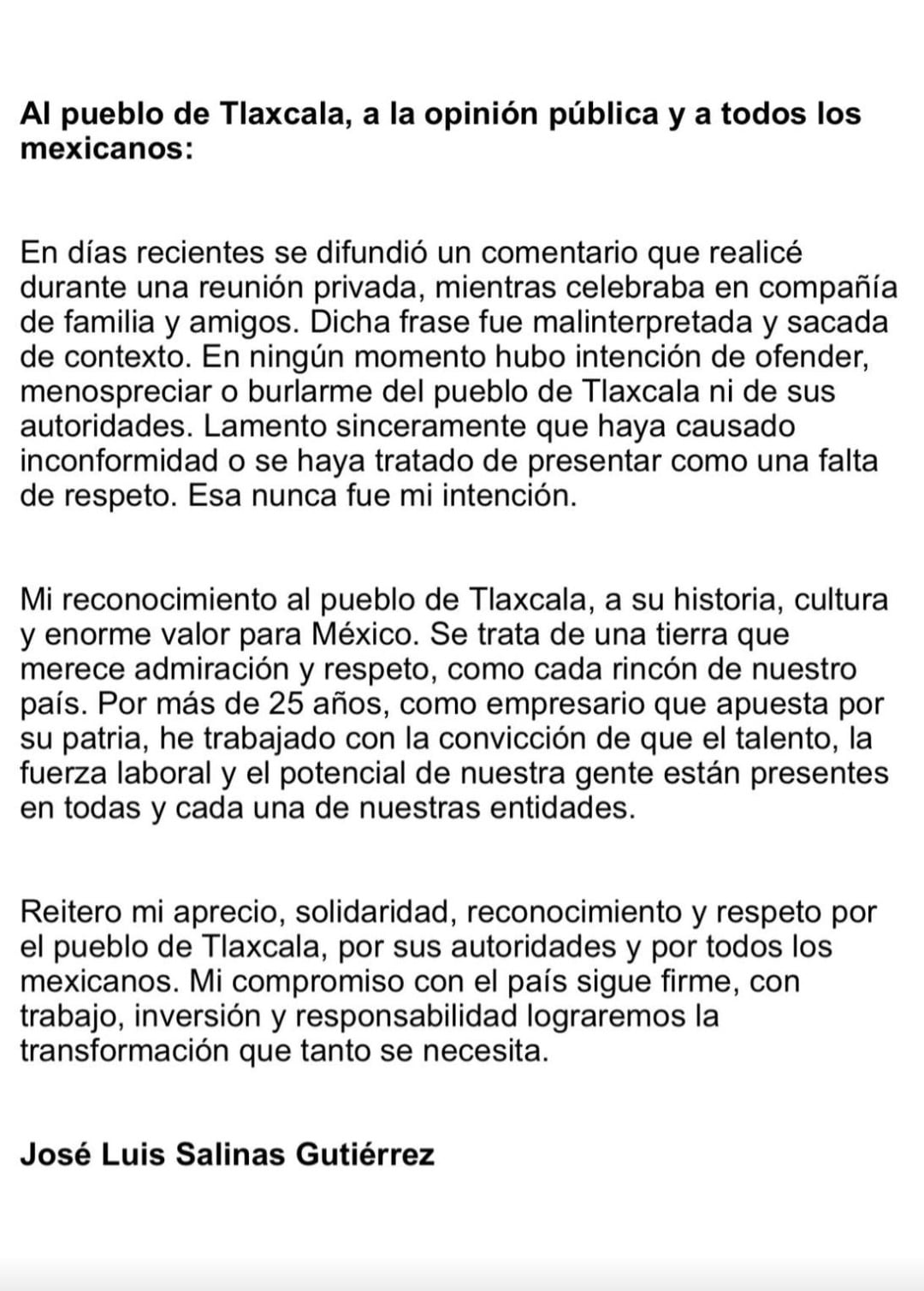 José Luis Salinas Gutiérrez se disculpó por comentario sobre Tlaxcala.