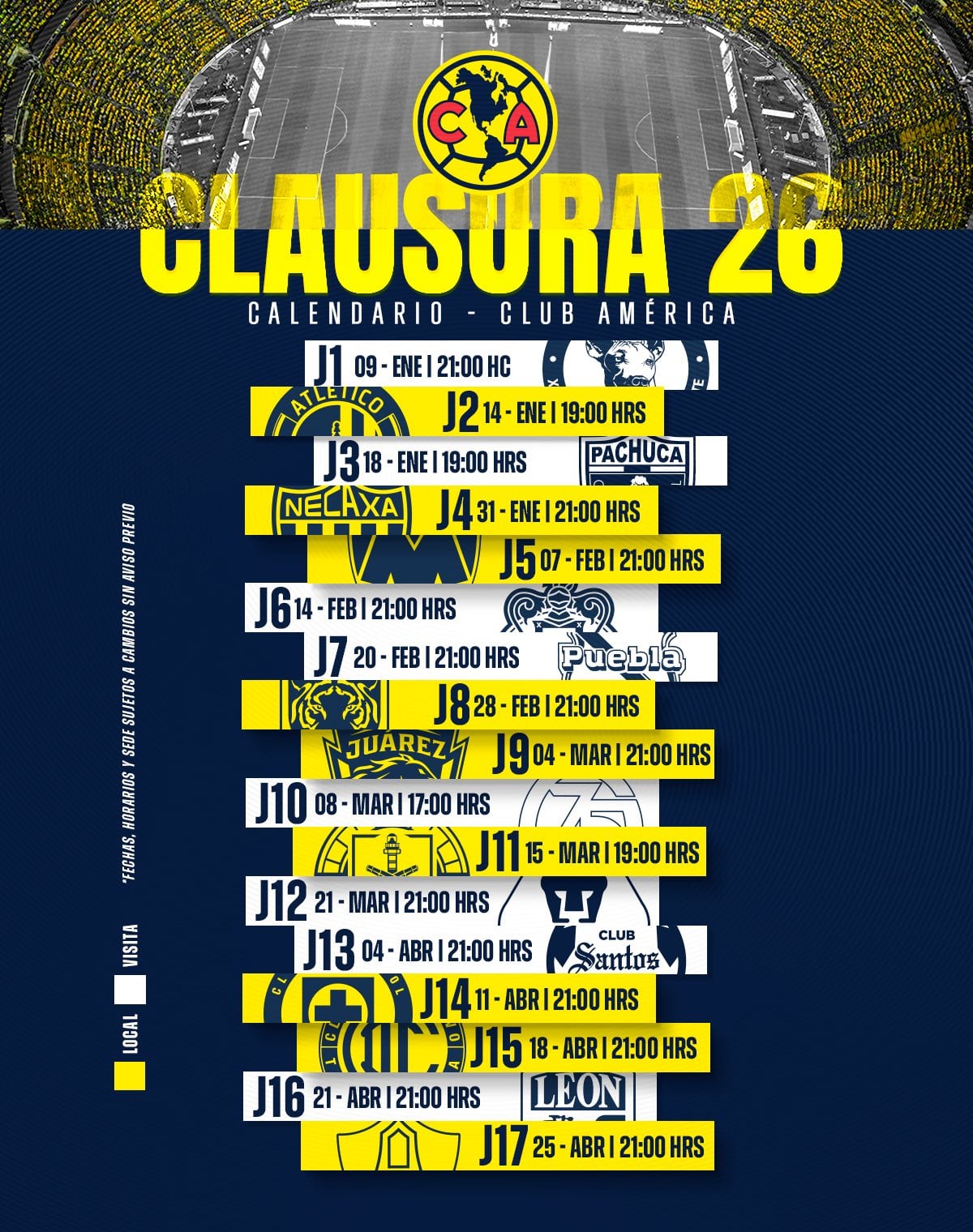 Así quedó el calendario del América para el Clausura 2026