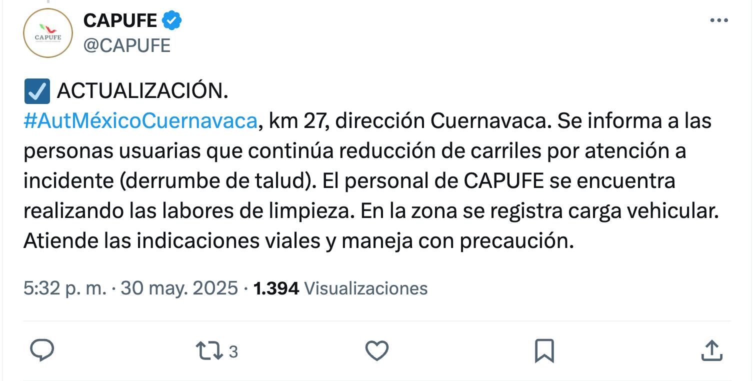 Autopista México-Toluca hoy viernes 30 de mayo