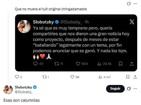 Exhiben el tweet donde Slobotzky confirmó victoria de La Cotorrisa sobre Jesica Bustos.
