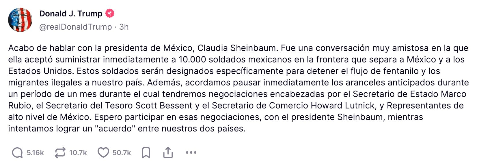 Publicación de Donald Trump tras llamada con Claudia Sheinbaum