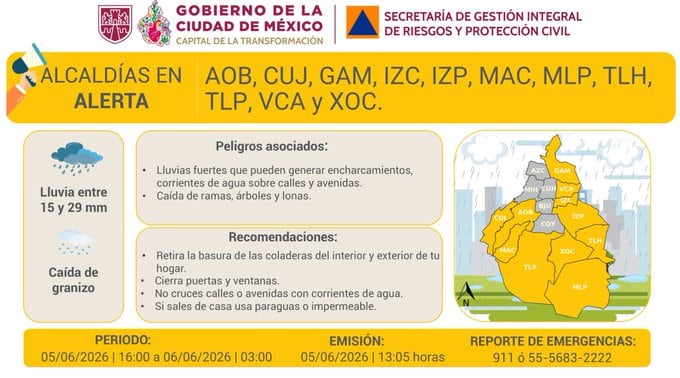 Las 11 alcaldías de CDMX que están bajo alerta por lluvias hoy