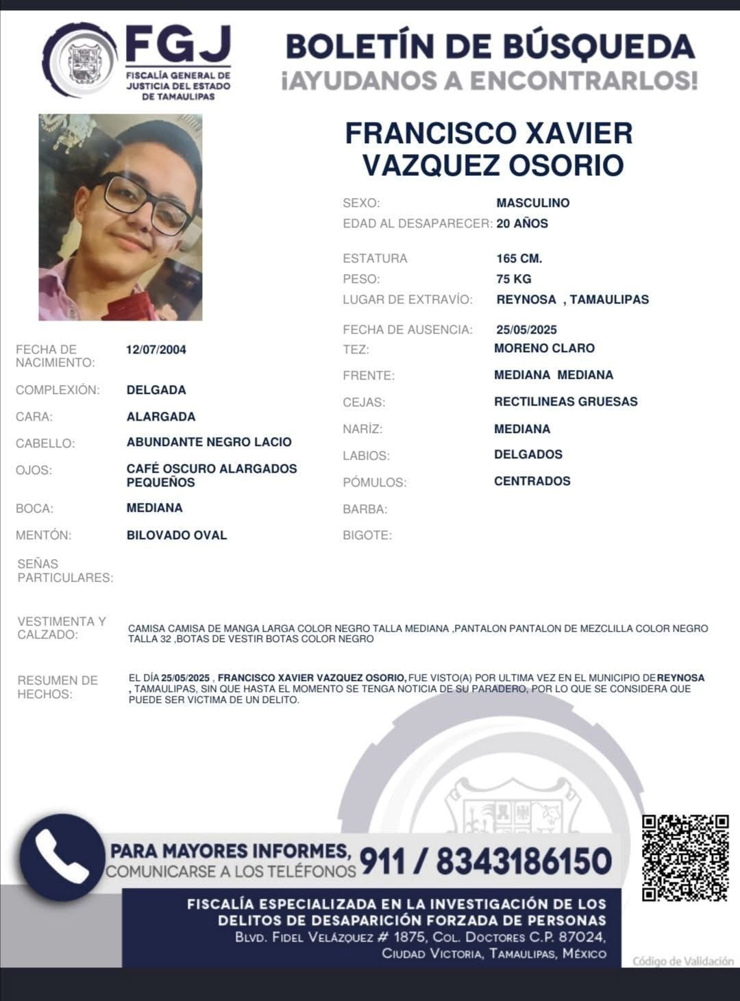 Boletín de búsqueda de integrante de Grupo Fugitivo.