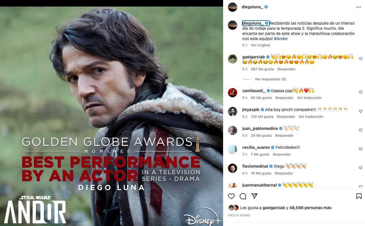 Diego Luna estaba grabando la segunda temporada de Andor, cuando se enteró de su nominación