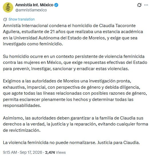 Amnistía Internacional exige investigar caso Claudia Tacoronte con perspectiva de género